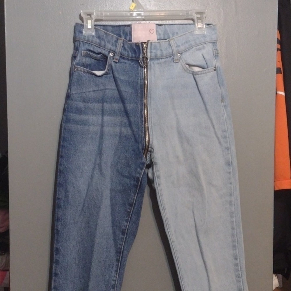 Revice half and half jeans, zipper along whole pant two tone size 27